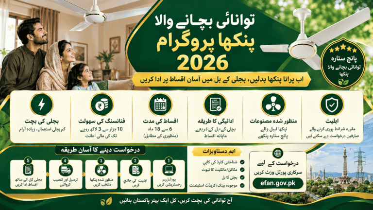 Prime Minister Fan Replacement Program 2026 featuring energy-efficient five-star fans, electricity-bill installments, eligibility, application steps, and official portal information in Pakistan